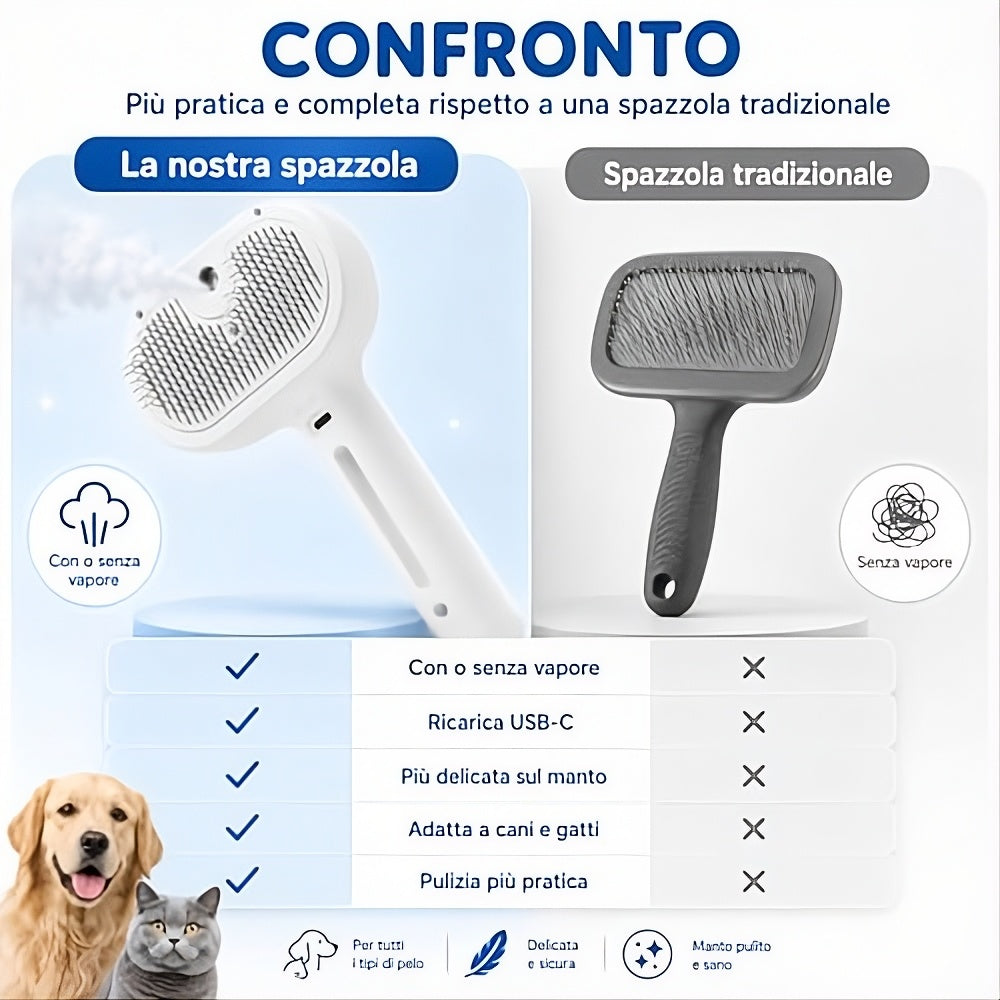 PETLUNA - Spazzola Vapore 3-in-1 per Cani e Gatti